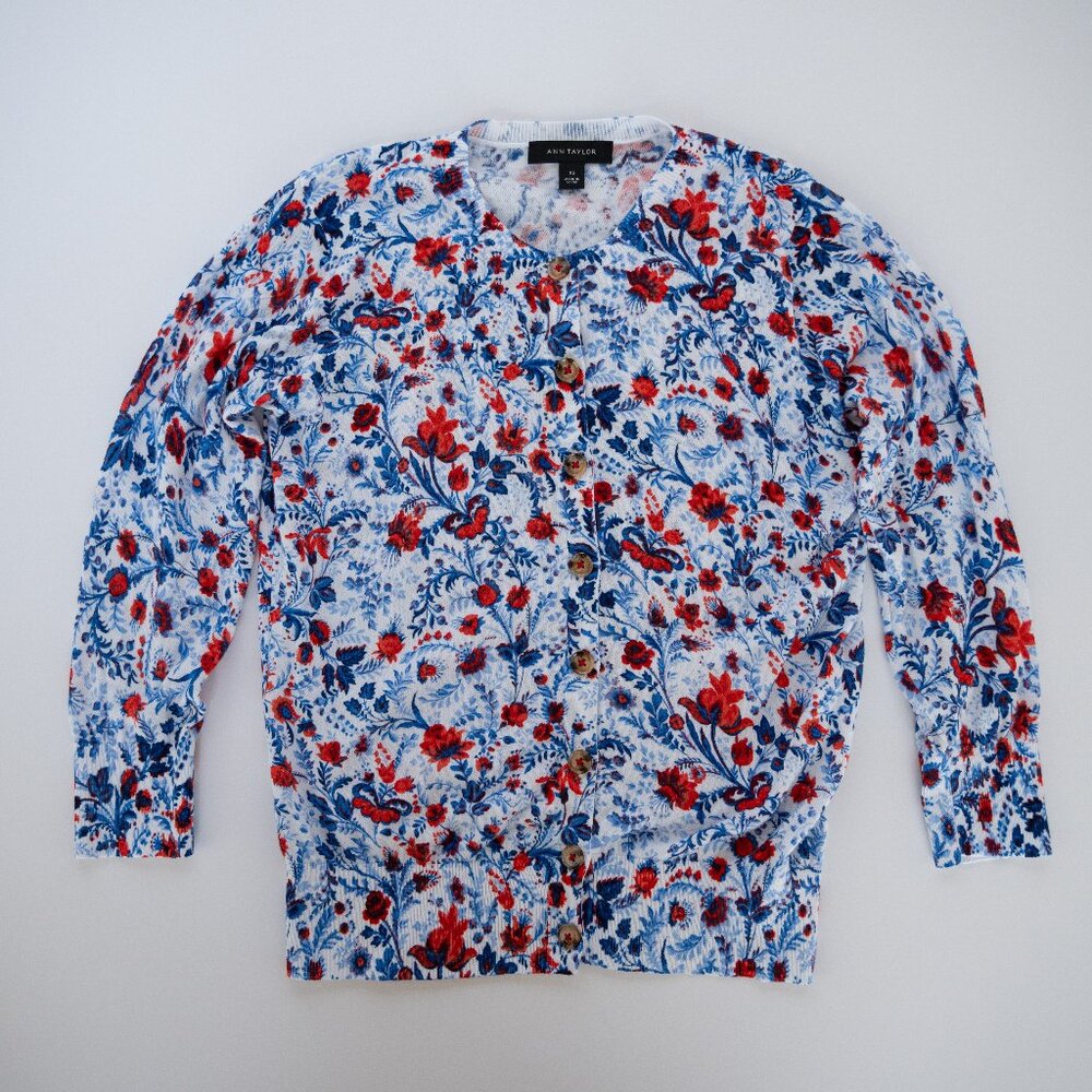 Ann Taylor Red White Blue Floral Cardigan
